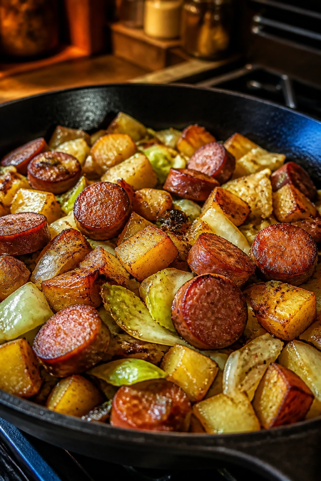 Close-up of sausage and cabbage hash in a cast iron skillet
