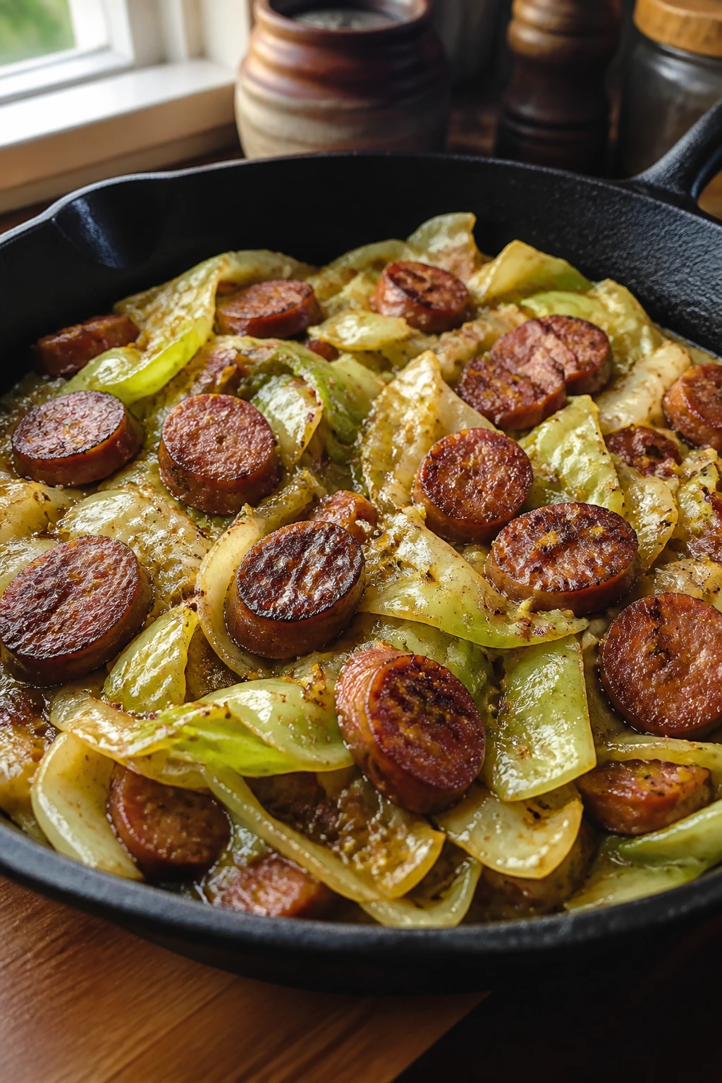 Sausage and cabbage skillet with mustard glaze