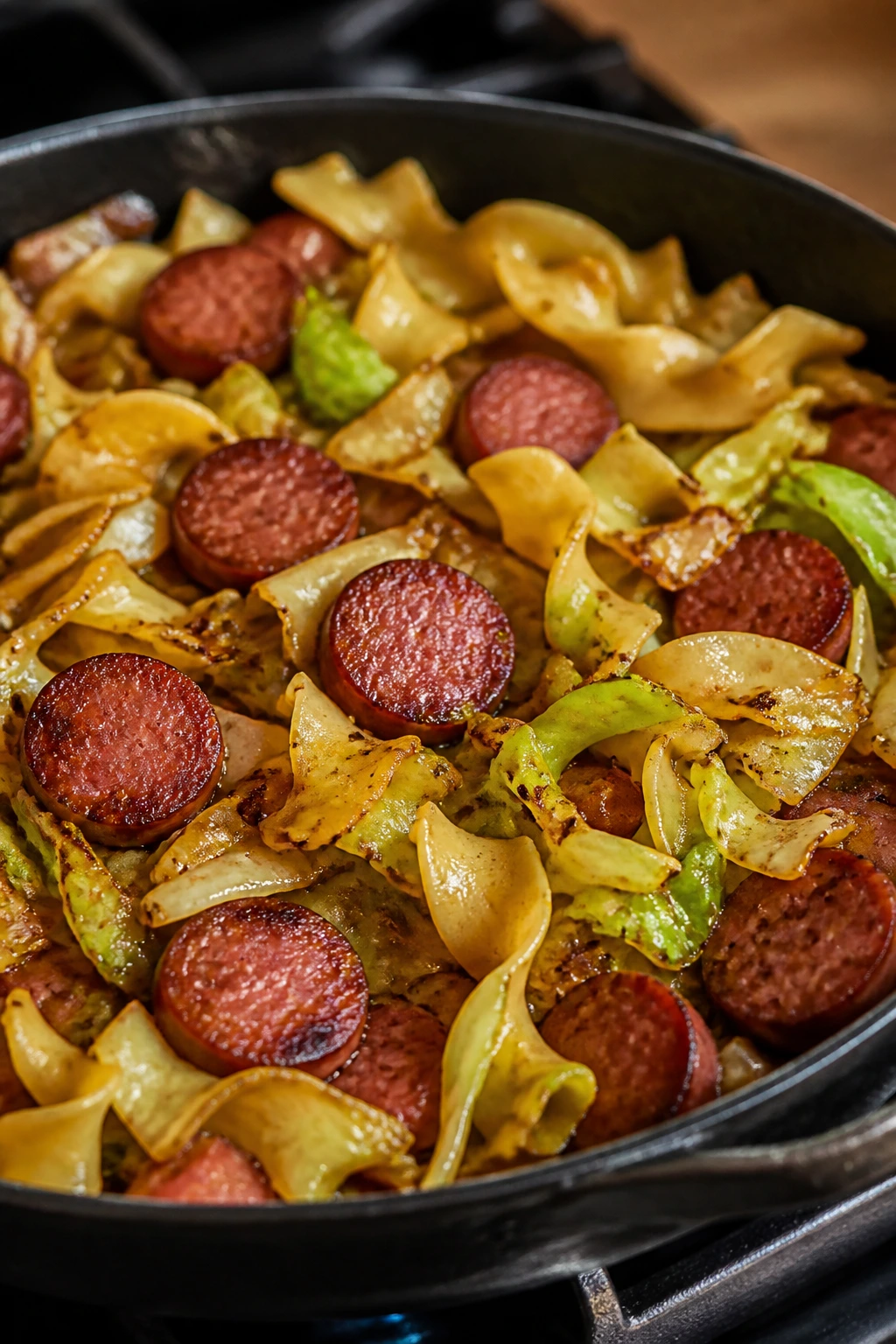Close-up of sausage, cabbage ribbons, and noodles in a skillet