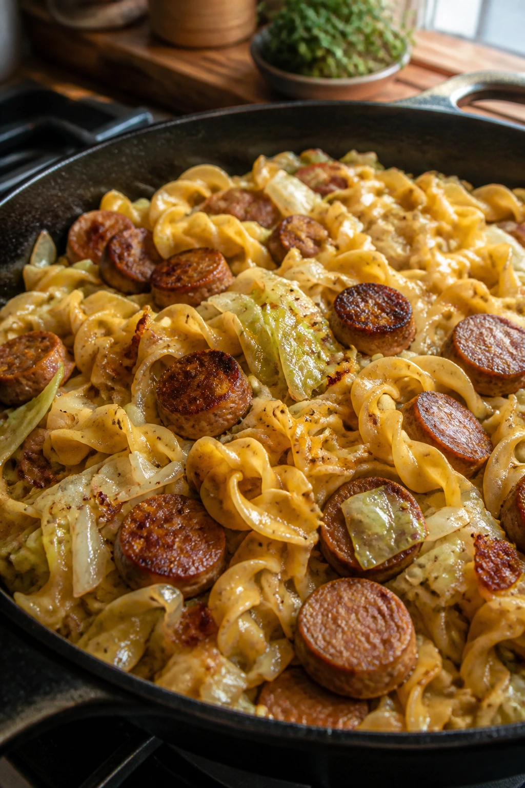 Sausage cabbage noodle skillet close-up