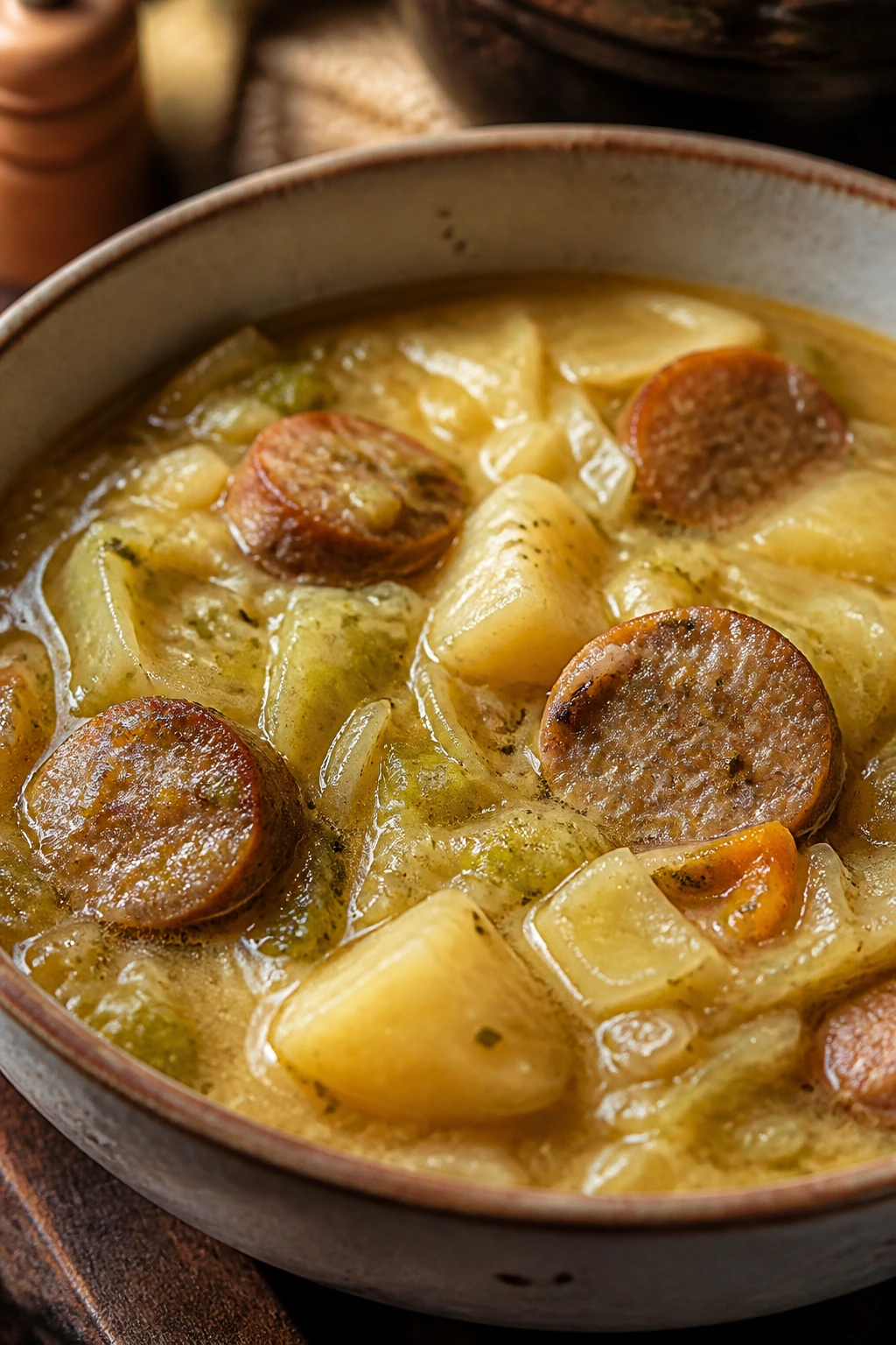 Close-up of sausage cabbage potato soup in a cozy kitchen