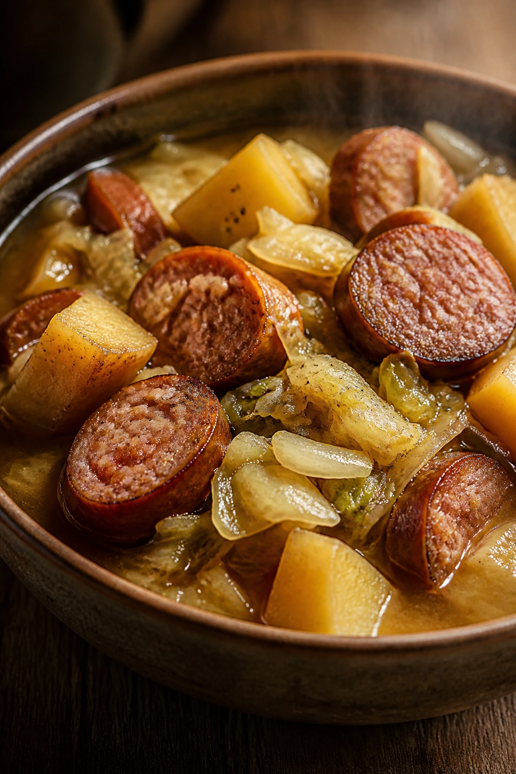 Sausage cabbage potato stew in a bowl with steam.