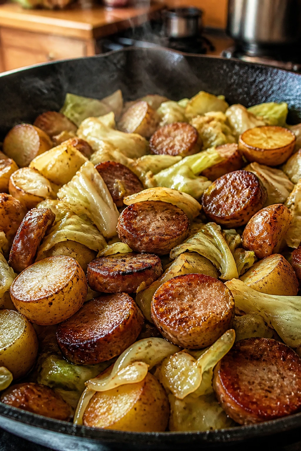 Sausage, cabbage, and potatoes in a skillet steaming on the stove
