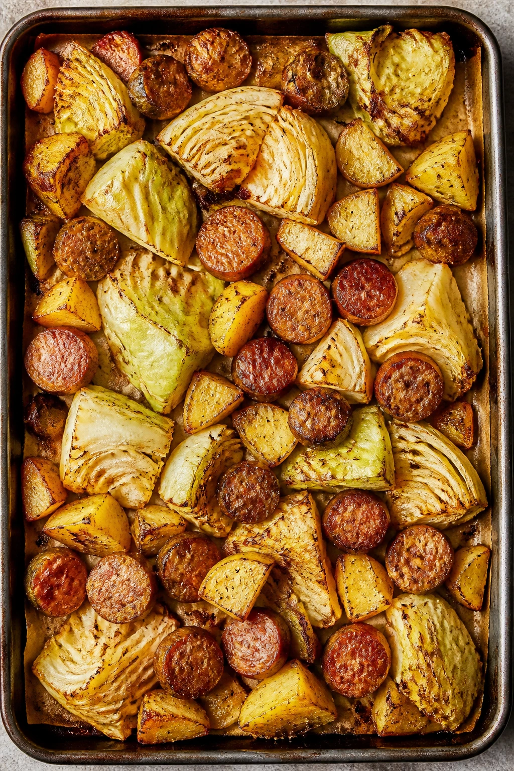 Sheet-pan sausage with cabbage and potatoes filling the frame on a kitchen counter