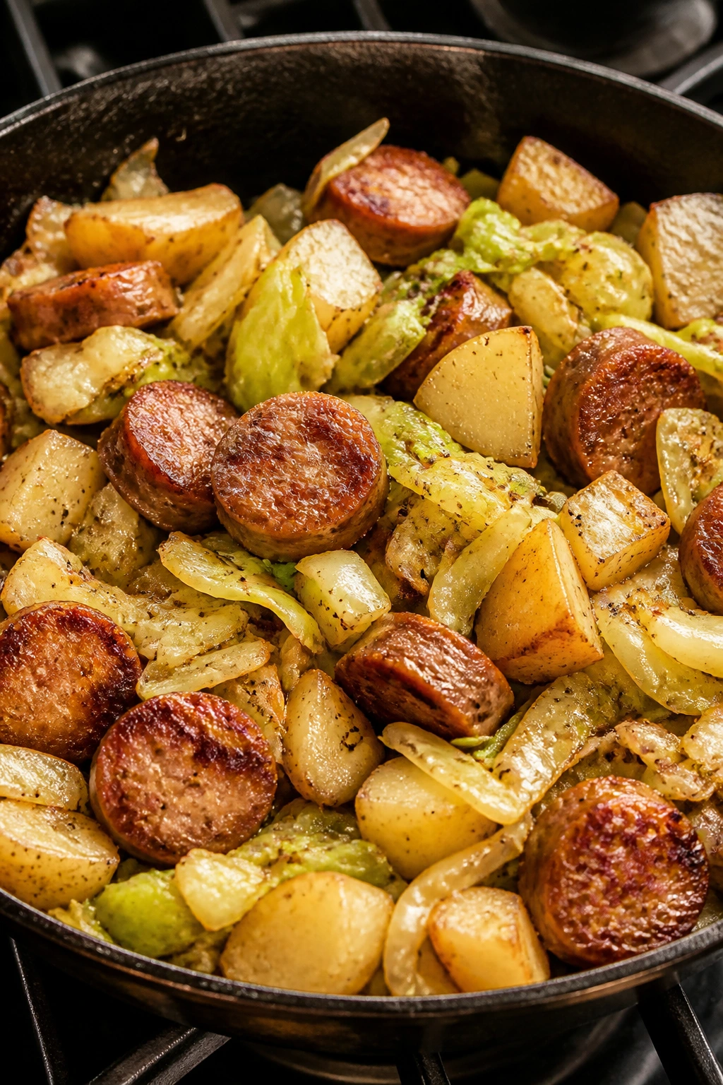 Sausage, cabbage, and potatoes skillet in a pan