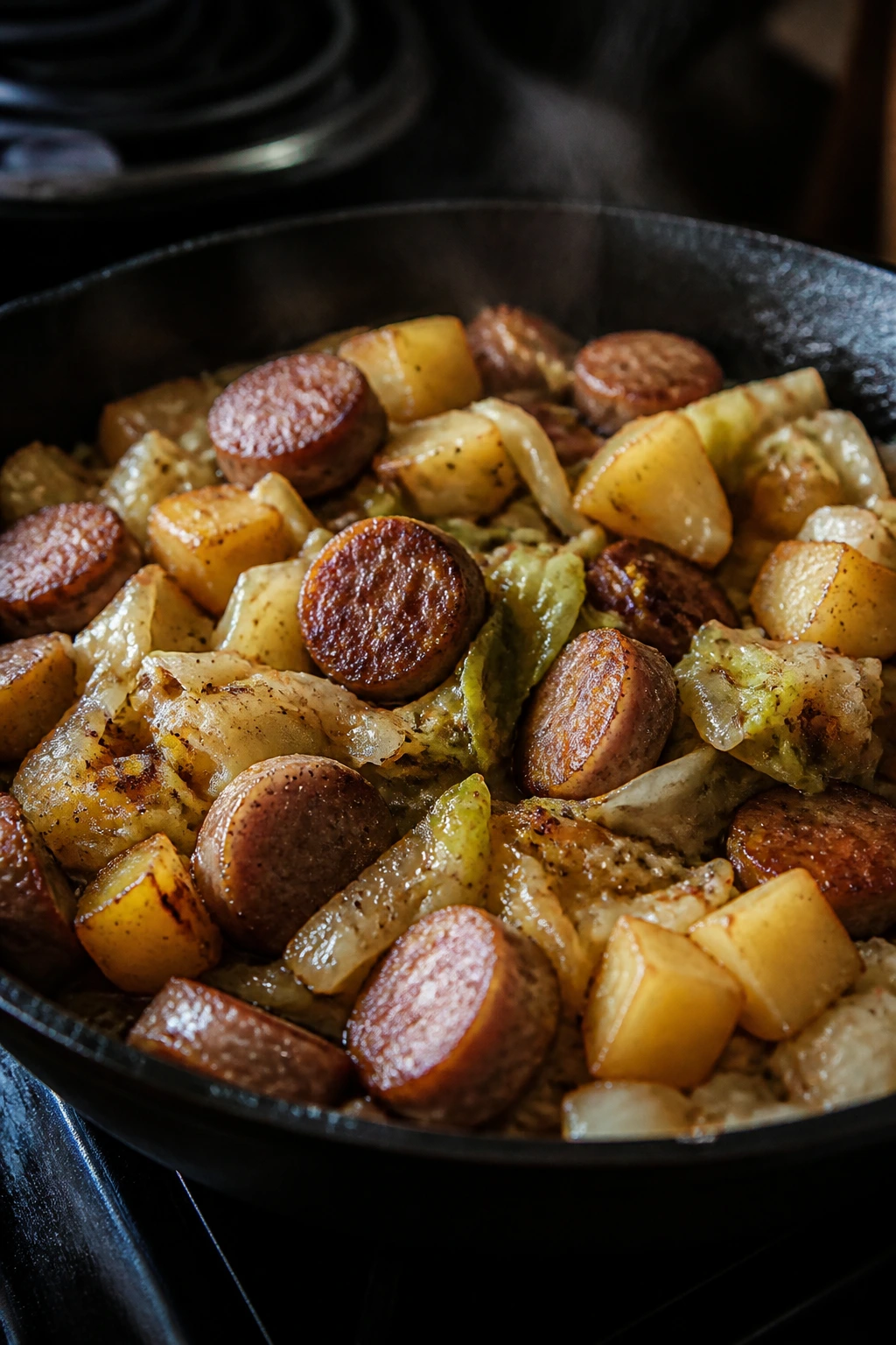 Close-up of sausage, cabbage, and potato skillet filling the frame