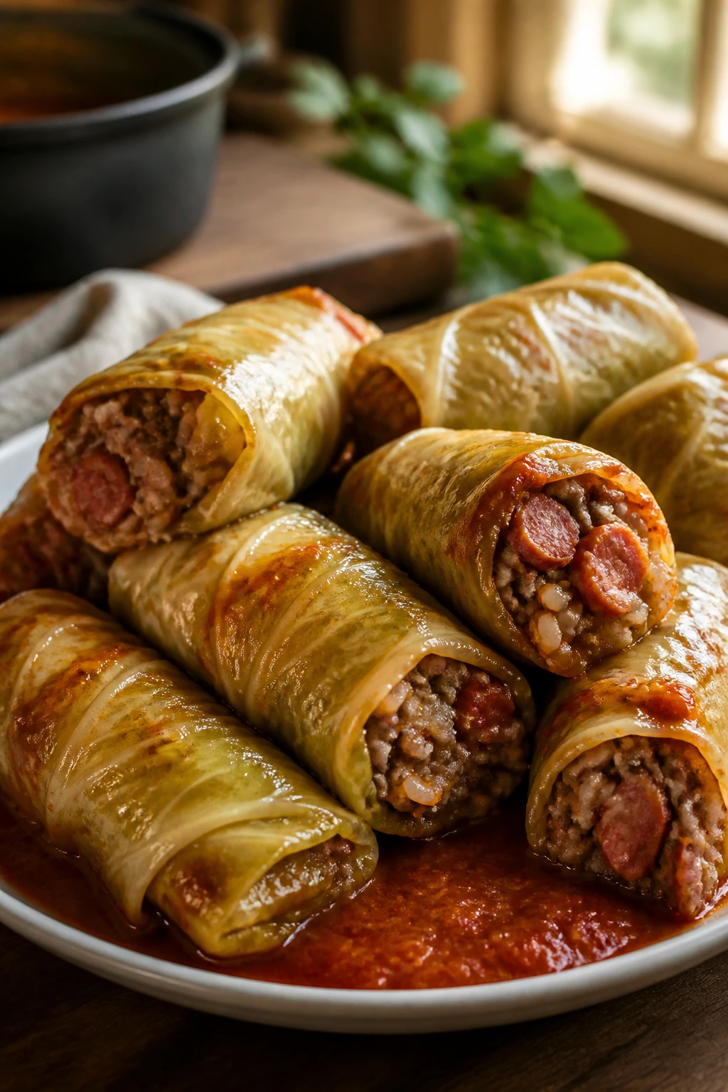 Close-up of sausage-stuffed cabbage rolls on plate in a cozy kitchen