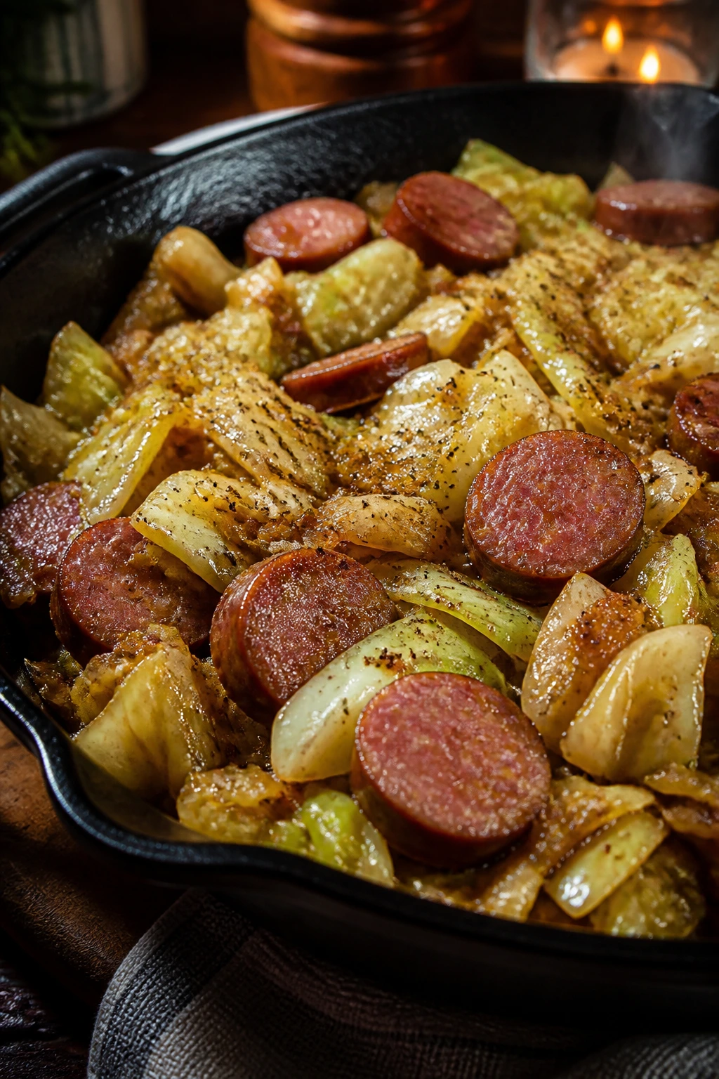 Close-up smoked sausage cabbage skillet