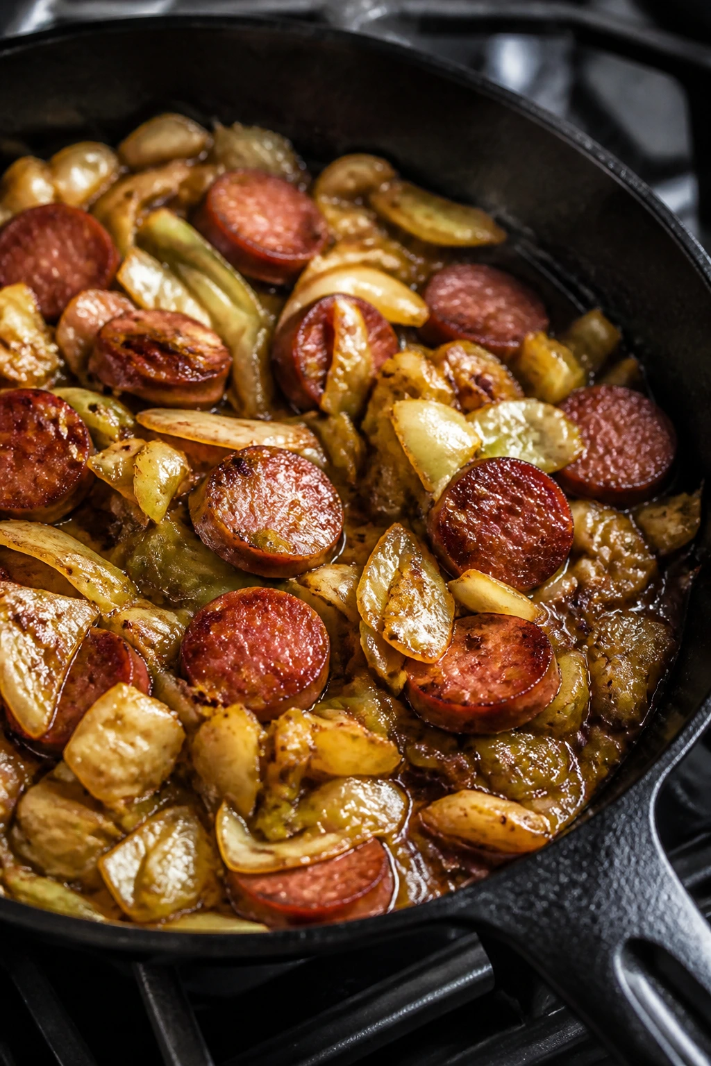 Close-up sausage and cabbage skillet with browned sausage and wilted cabbage in a pan