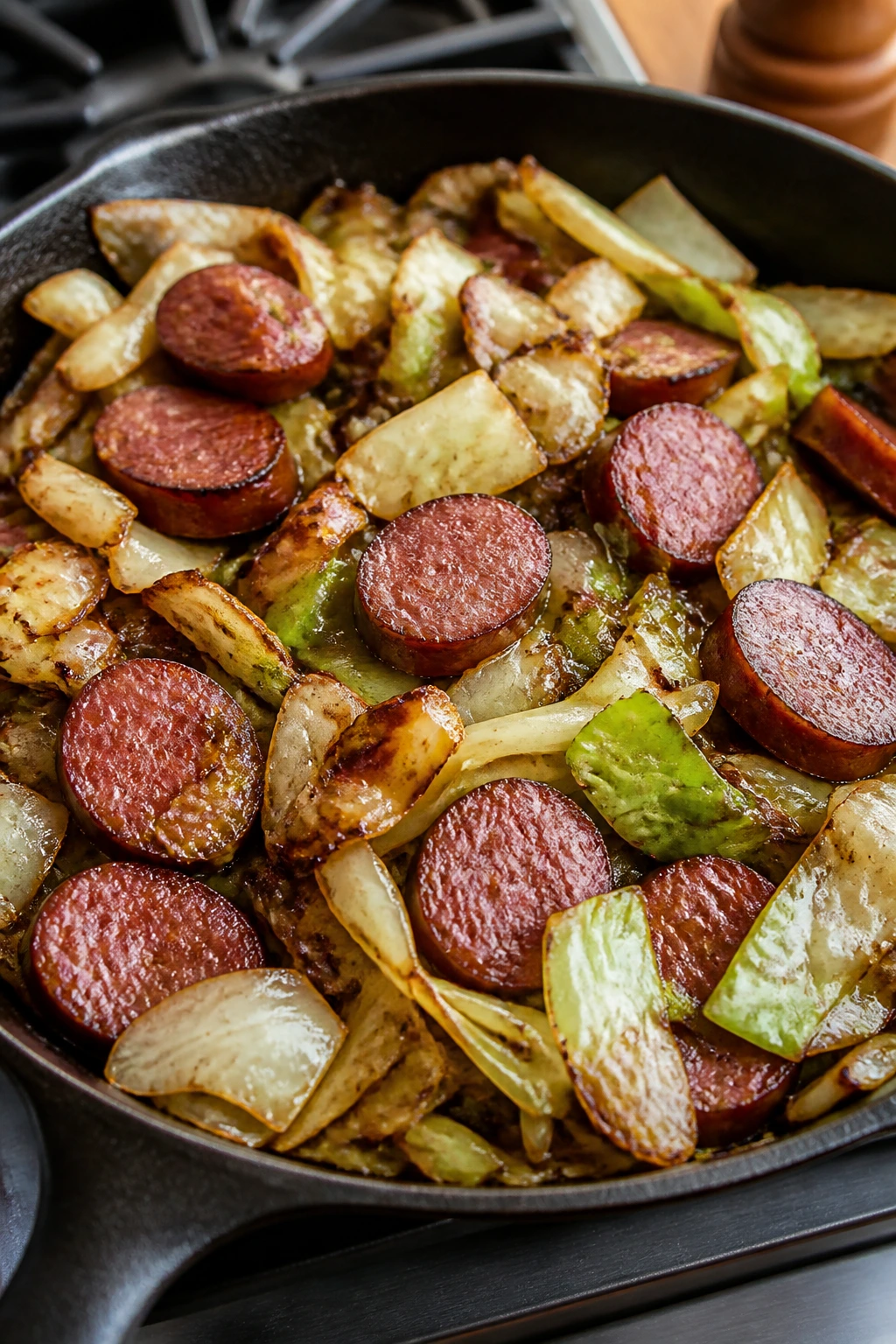 Close-up skillet with cabbage and sausage cooking on stove