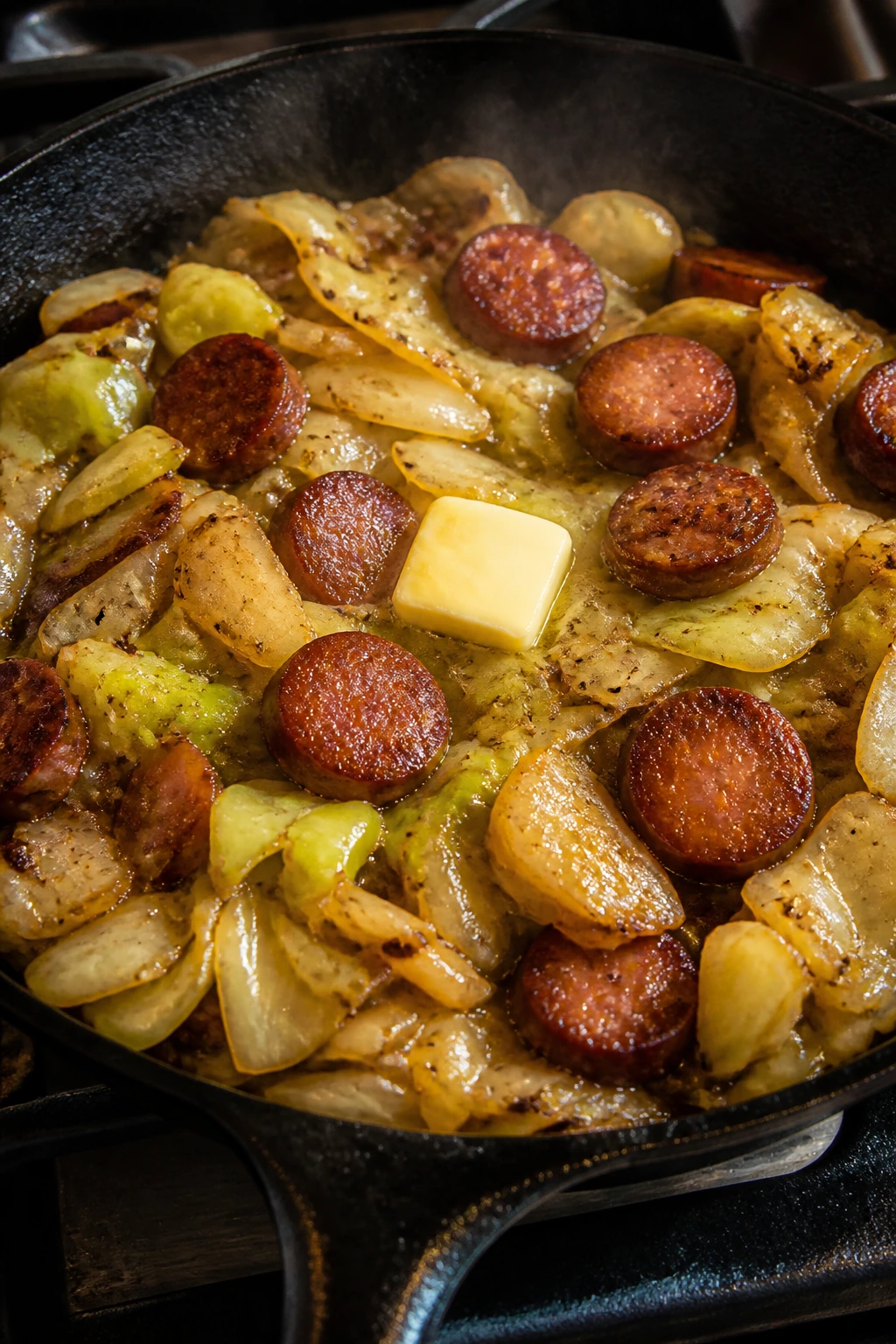 Skillet with sausage and cabbage cooking on stove