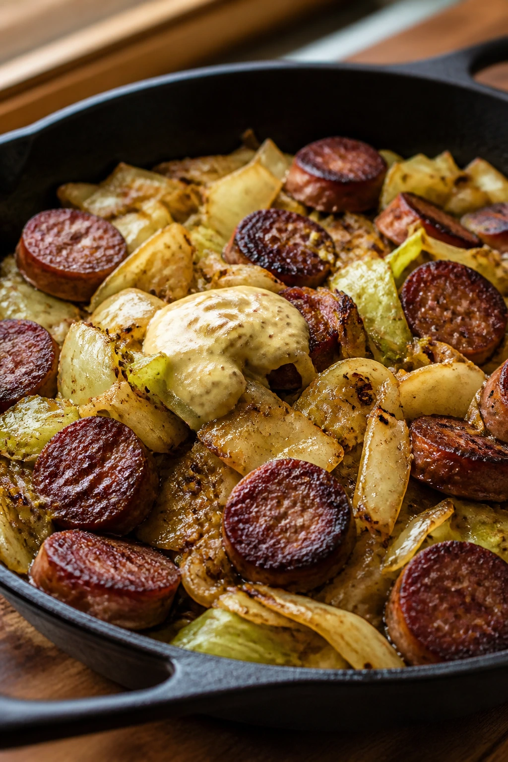 Skillet of sausage and cabbage with Dijon butter topping