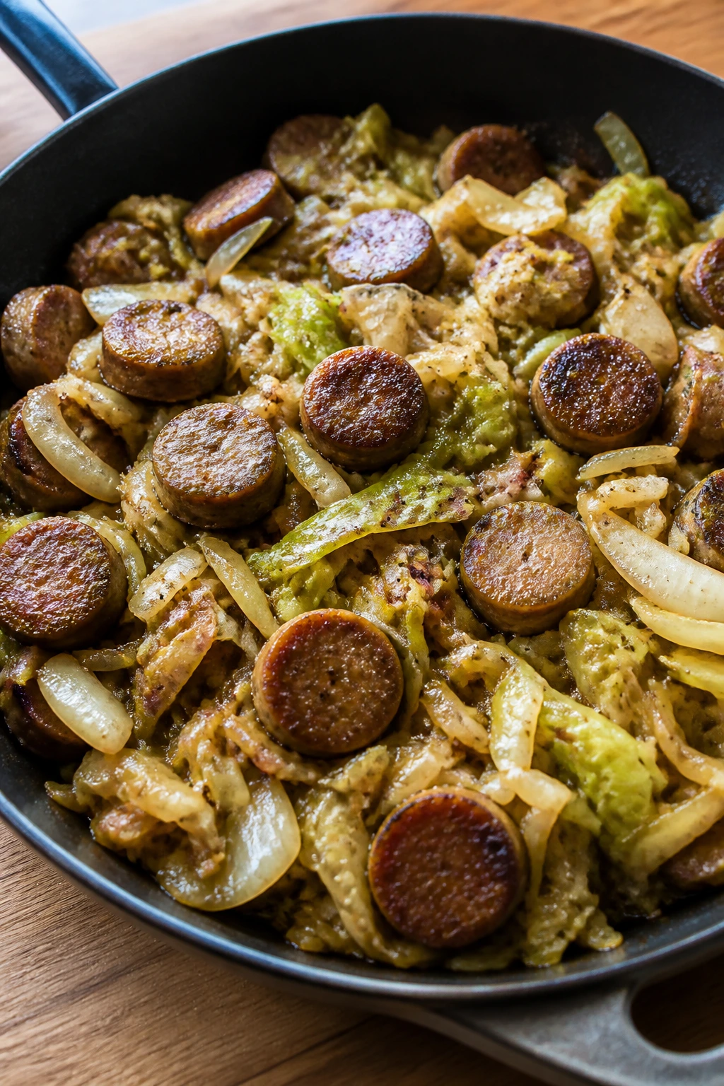 Close-up of sausage and cabbage skillet on a warm kitchen counter