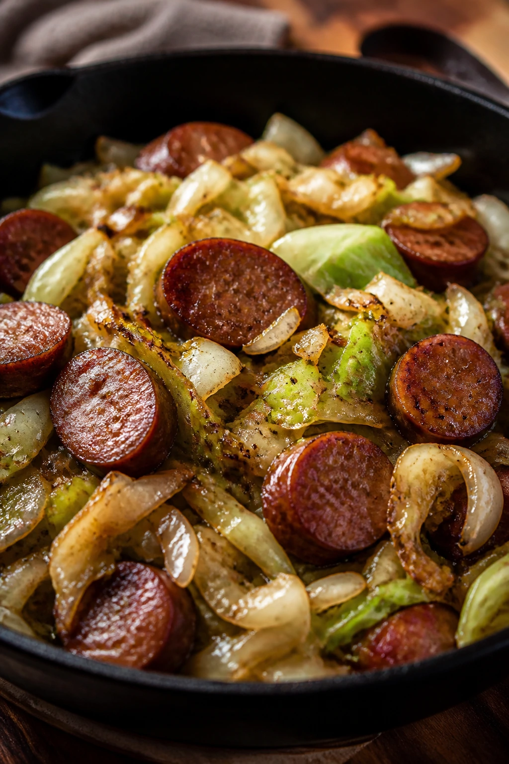 Sausage and cabbage skillet with browned edges and onions.