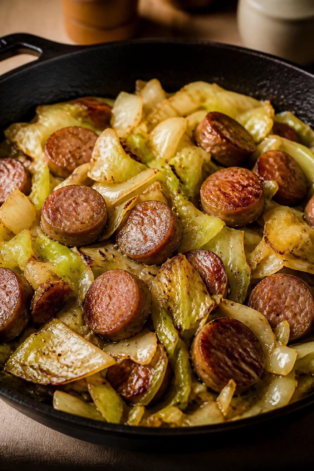 Close-up of sausage and cabbage in a skillet