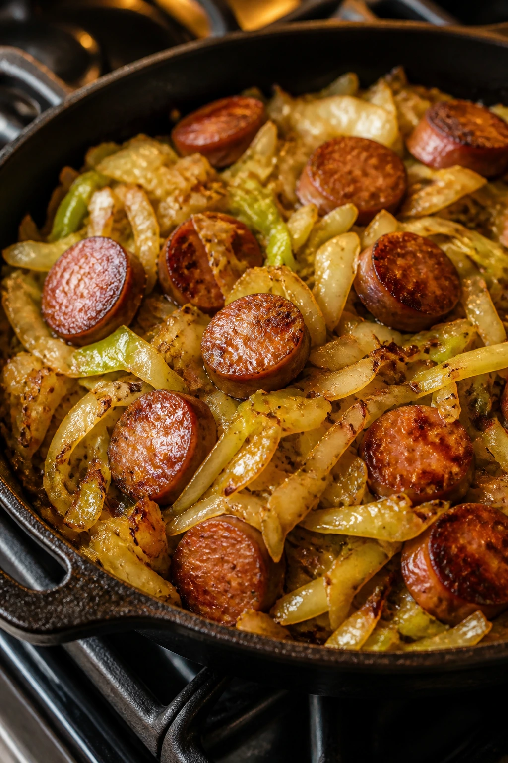 Close-up of sausage and cabbage skillet with caramelized edges