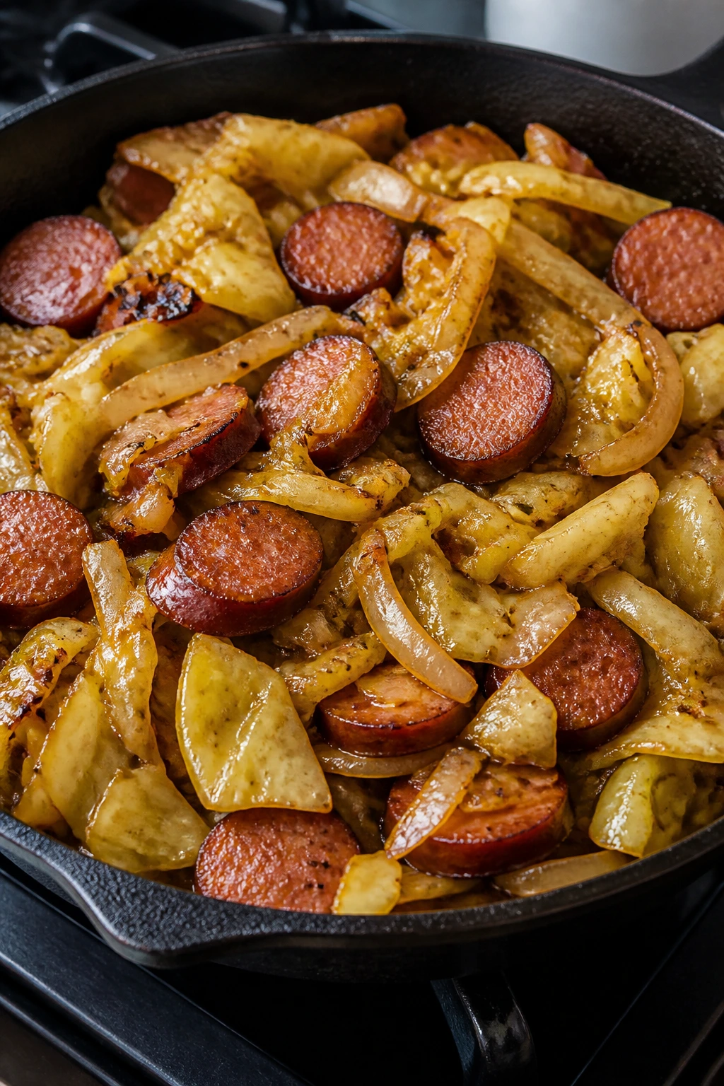Cast-iron skillet with smoked sausage and cabbage