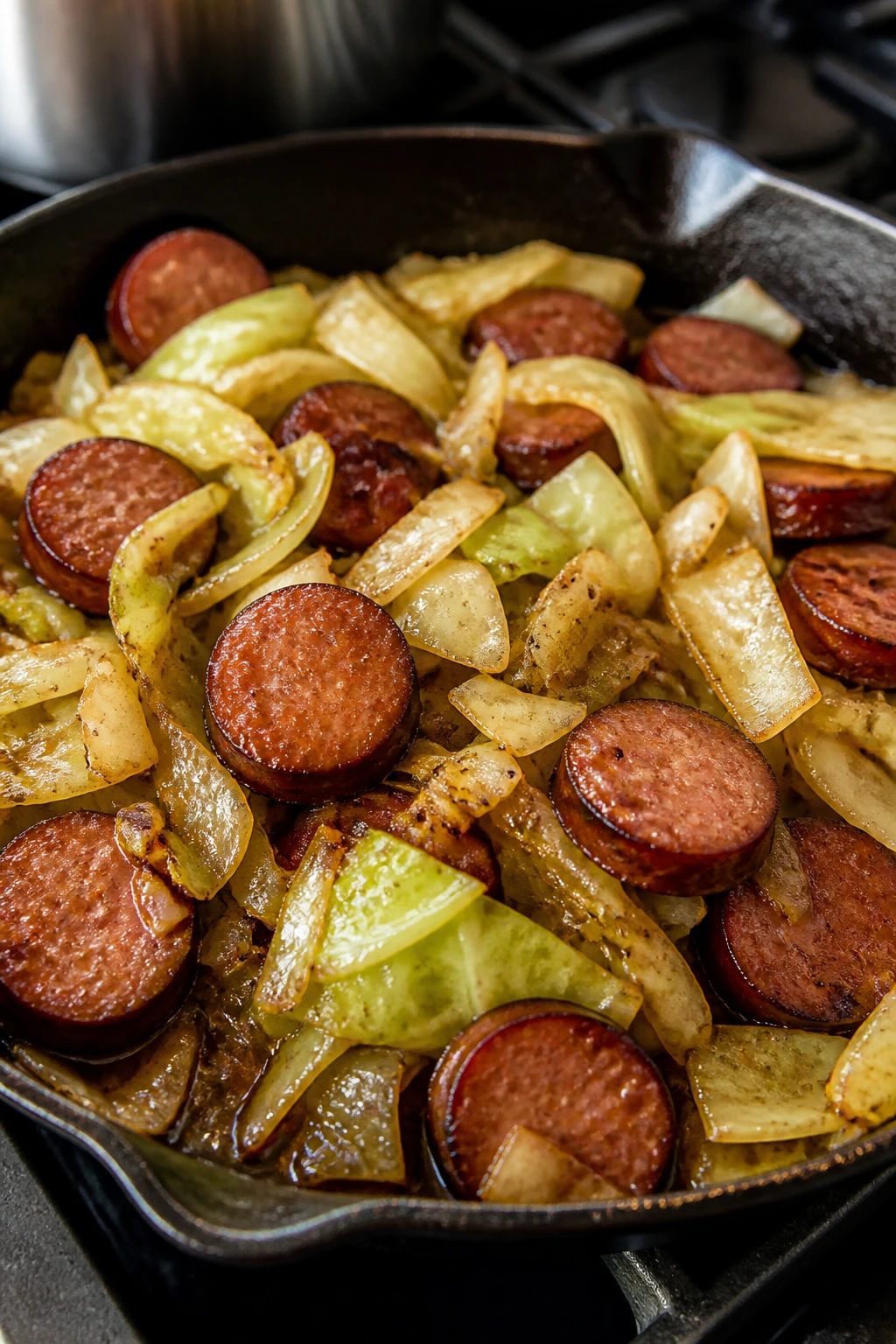 Skillet of smoked sausage with cabbage and onions