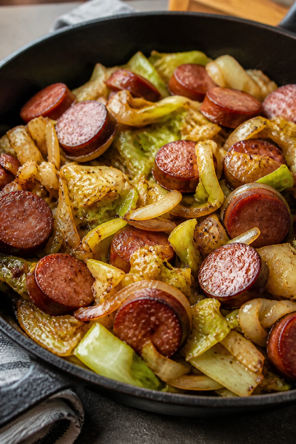Skillet with smoked sausage and cabbage