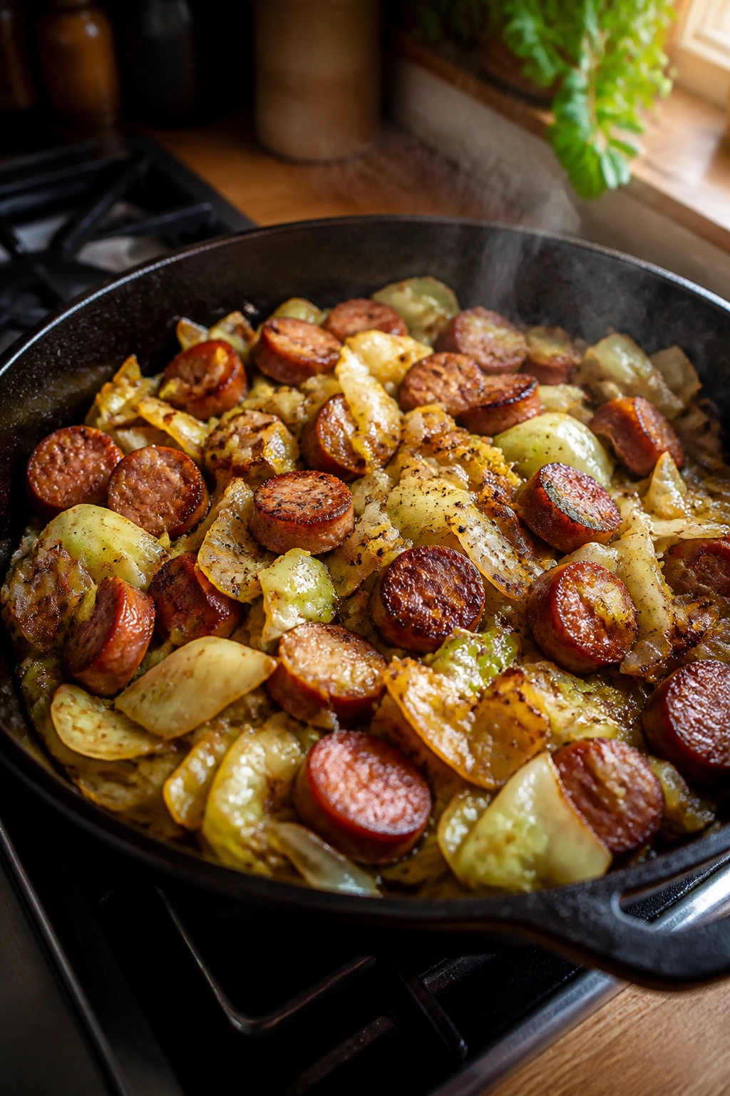 Close-up of Sausage and Cabbage Skillet with browned sausage and cabbage in a pan