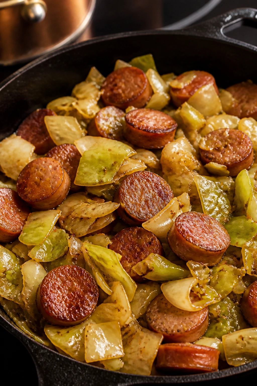 Skillet sausage and cabbage with mustard glaze filling the frame.