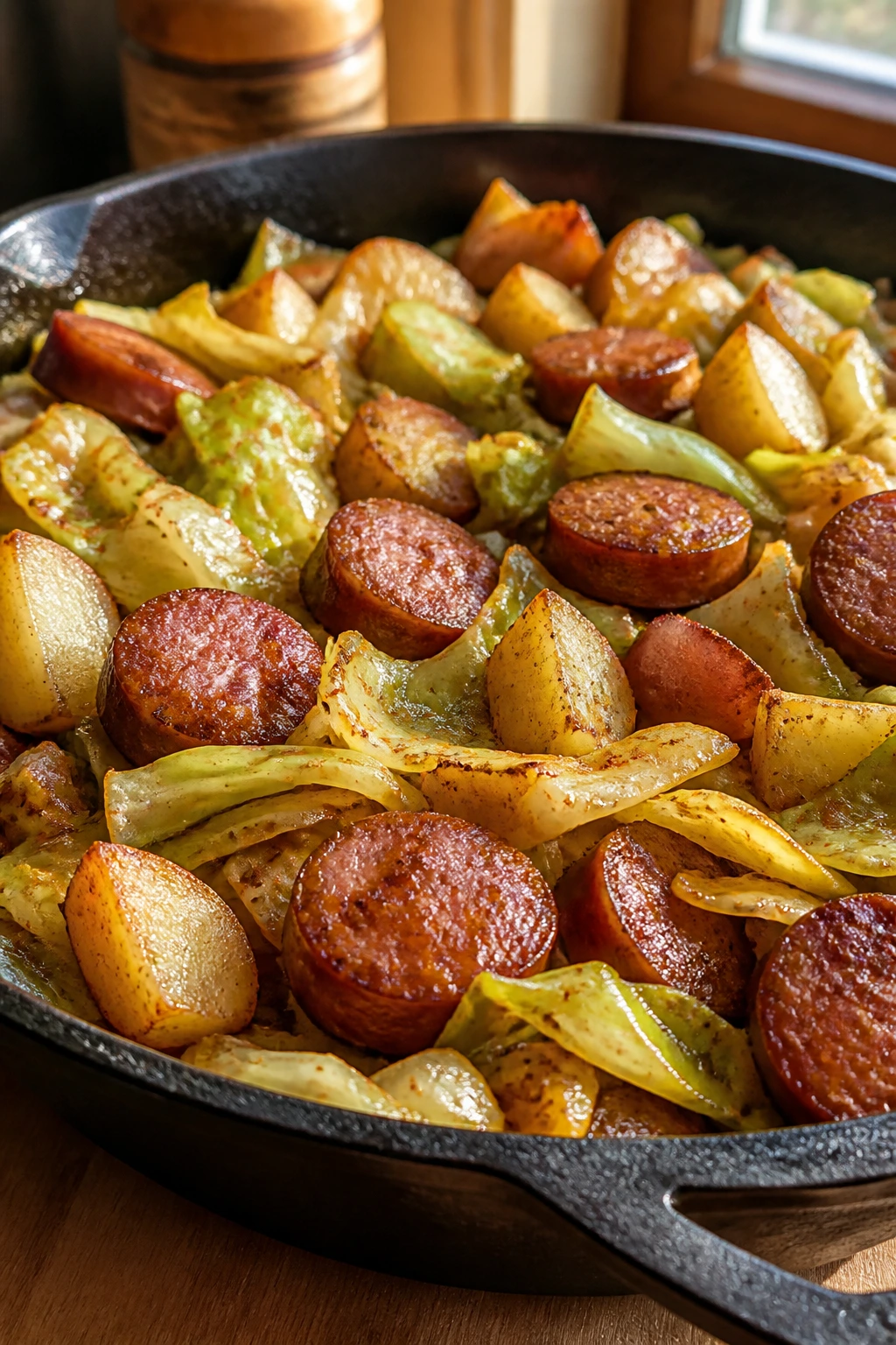 Skillet with sausage, cabbage, and potatoes filling the frame