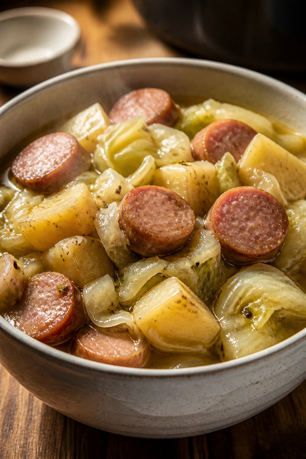 Close-up of sausage and cabbage in a hearty stew