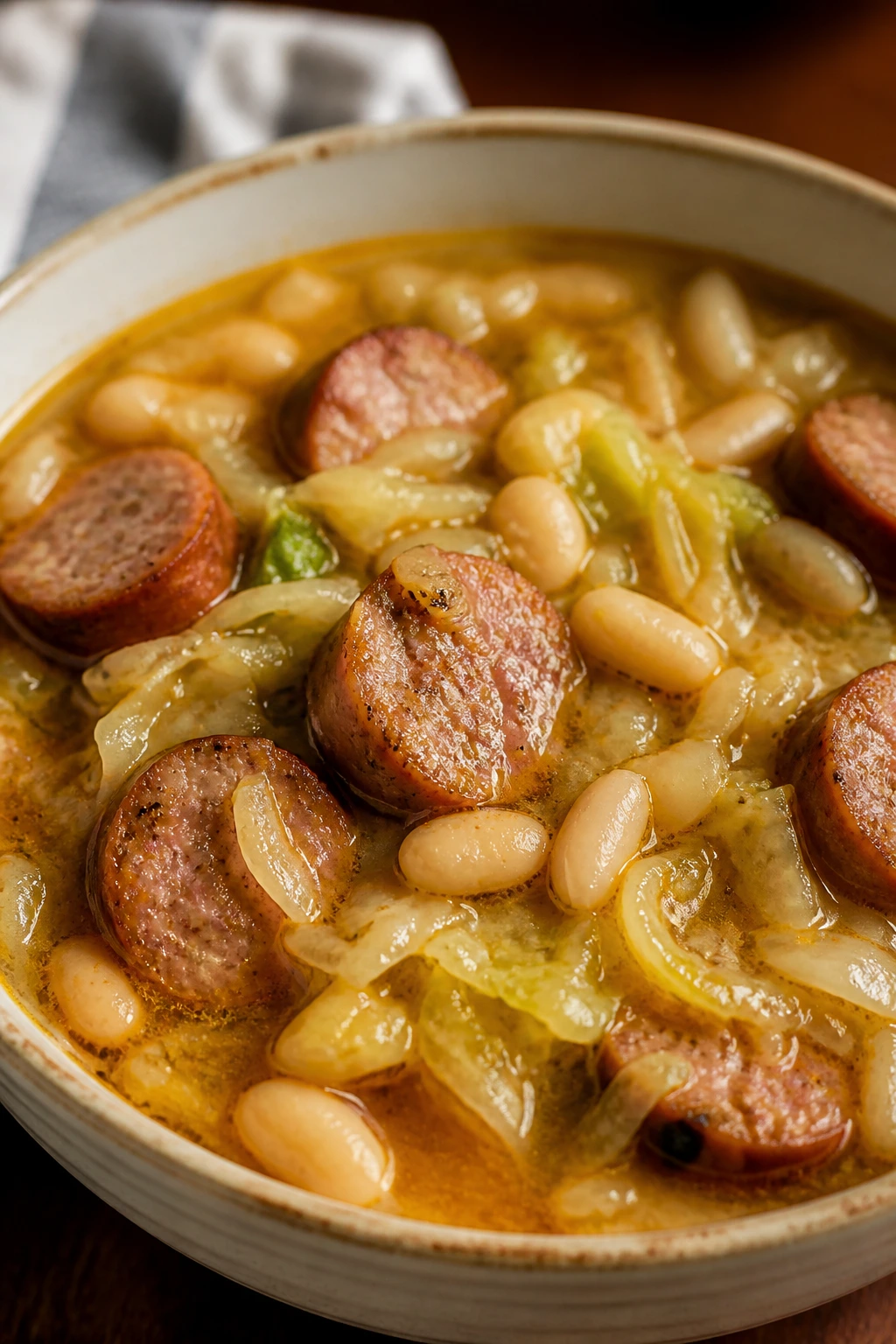 Close-up of Sausage Cabbage White Bean Soup in a bowl