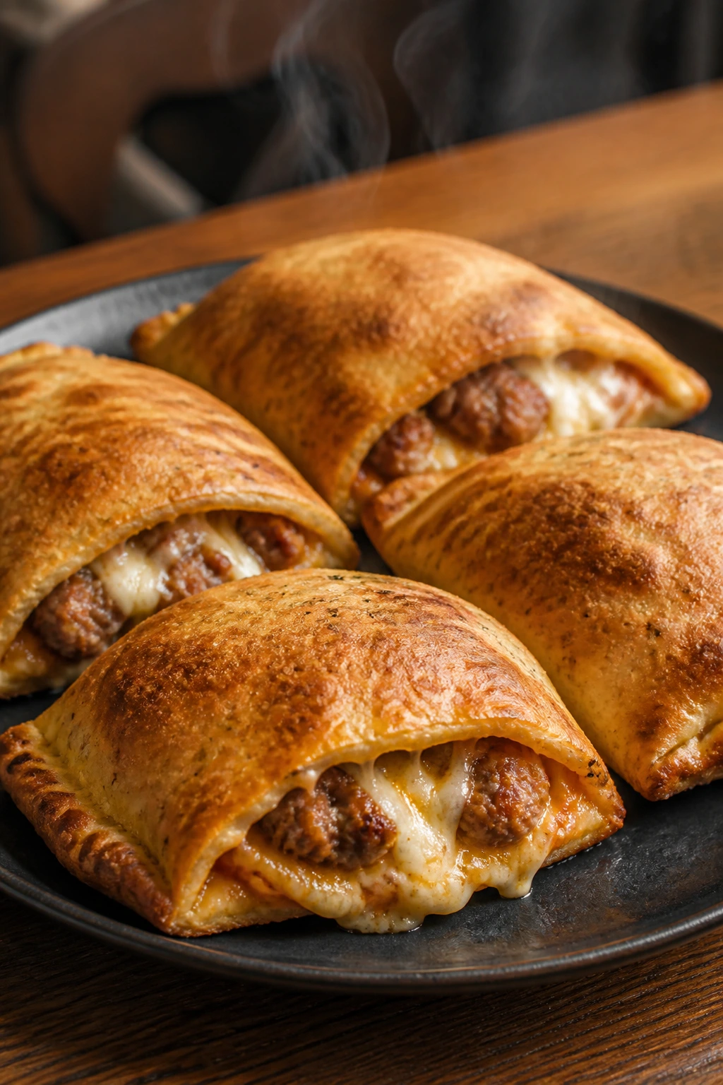 Close-up of four sausage calzones on a dark plate
