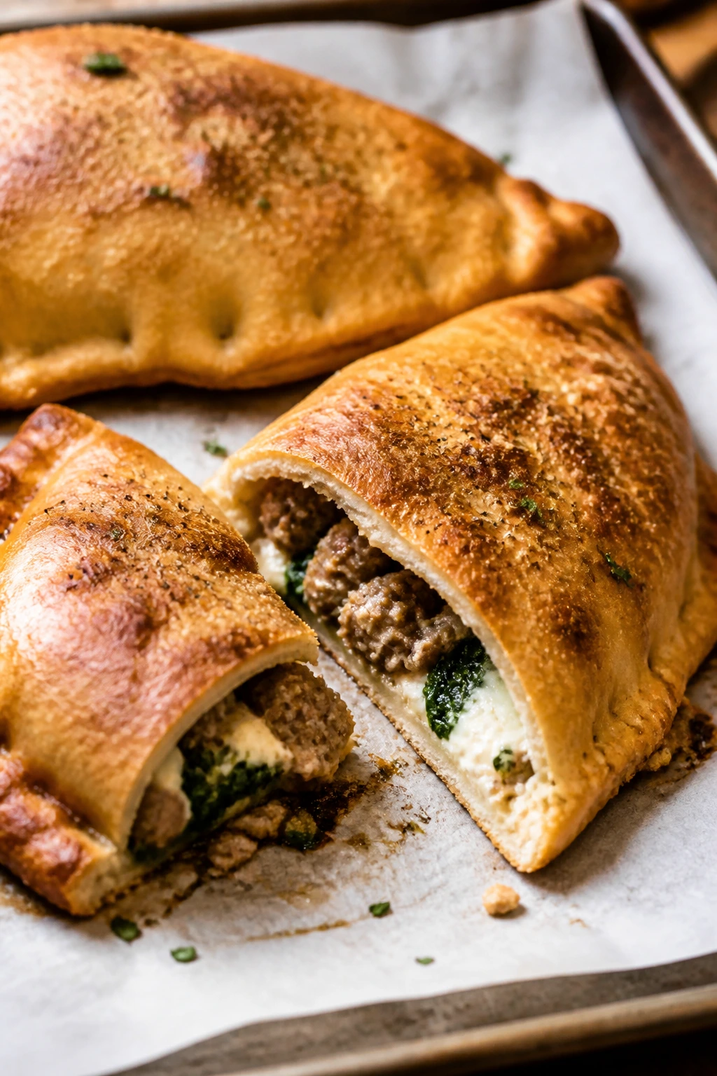 Calzone with visible sausage and ricotta filling on parchment