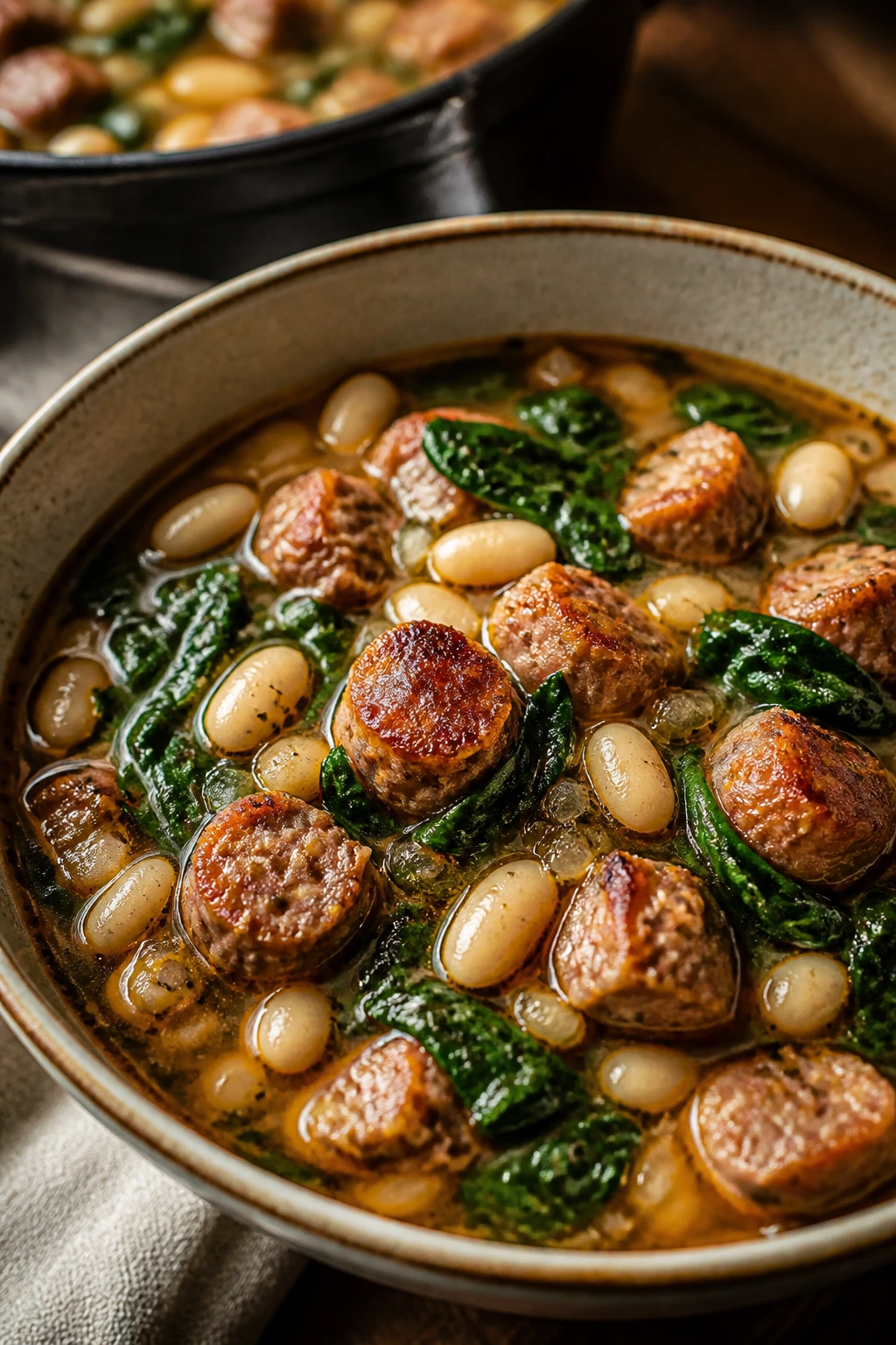 Close-up of sausage white bean spinach soup in a rustic bowl