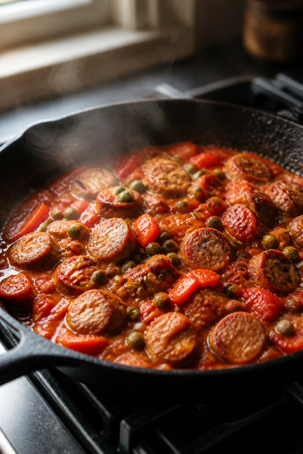 Skillet of sausage, tomato, and capers in red sauce