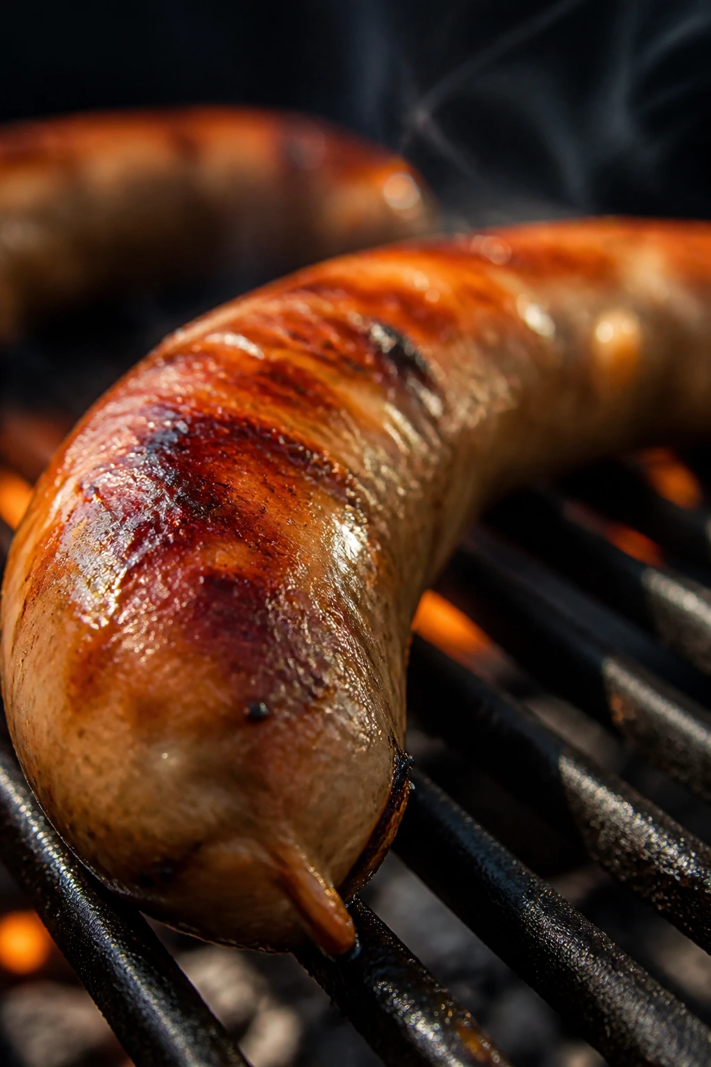 Close-up of natural sausage casing crisping on a grilled link