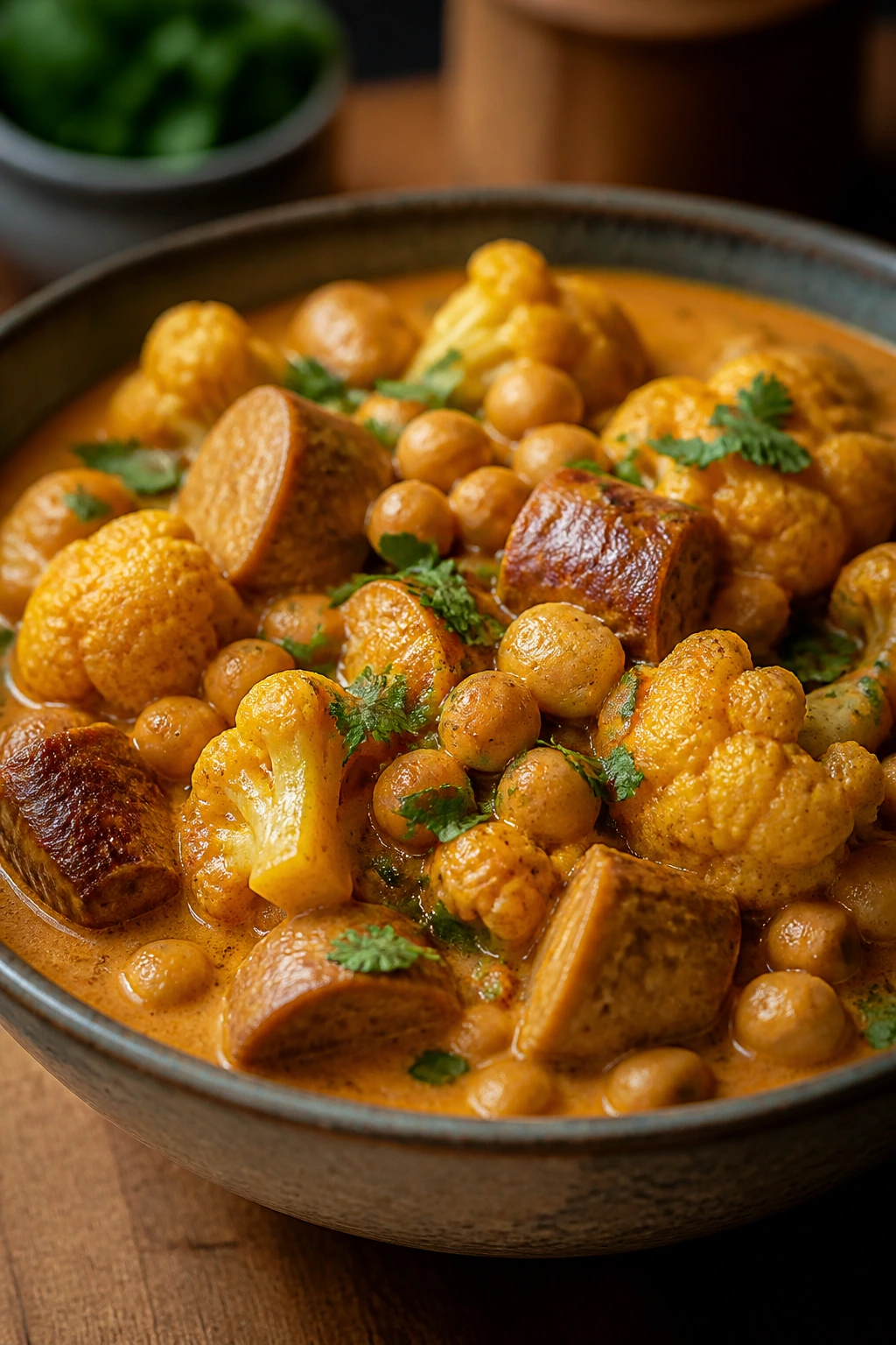 Close-up of curry with sausage, cauliflower, and chickpeas in a bowl on a kitchen counter.