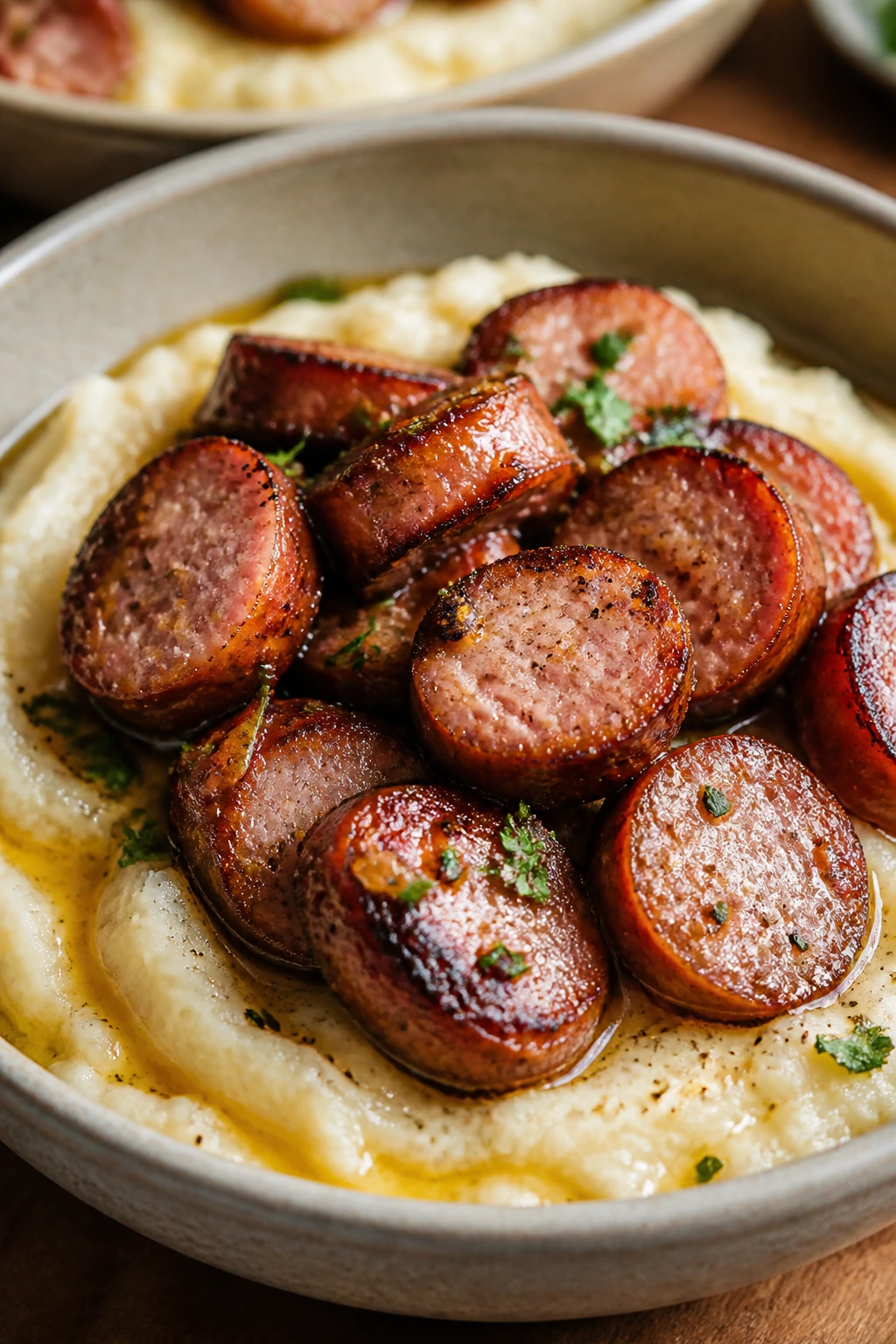 Close-up of sausage atop cauliflower mash in a bowl
