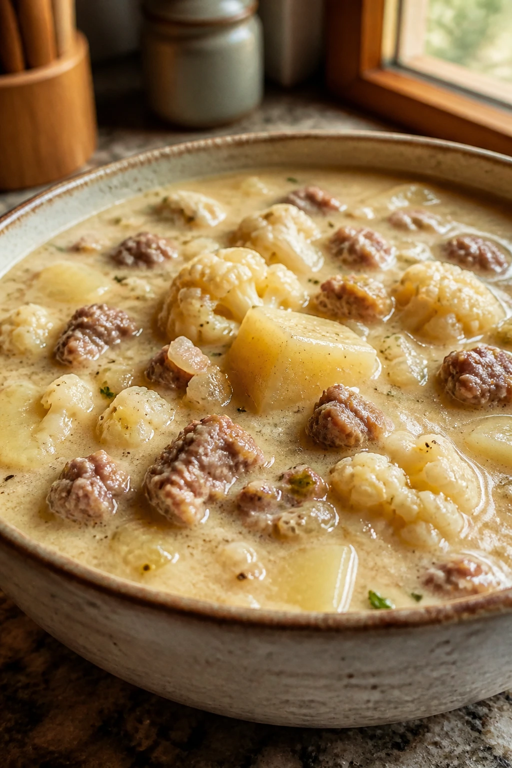 Close-up of creamy sausage cauliflower potato soup in a bowl on a kitchen counter