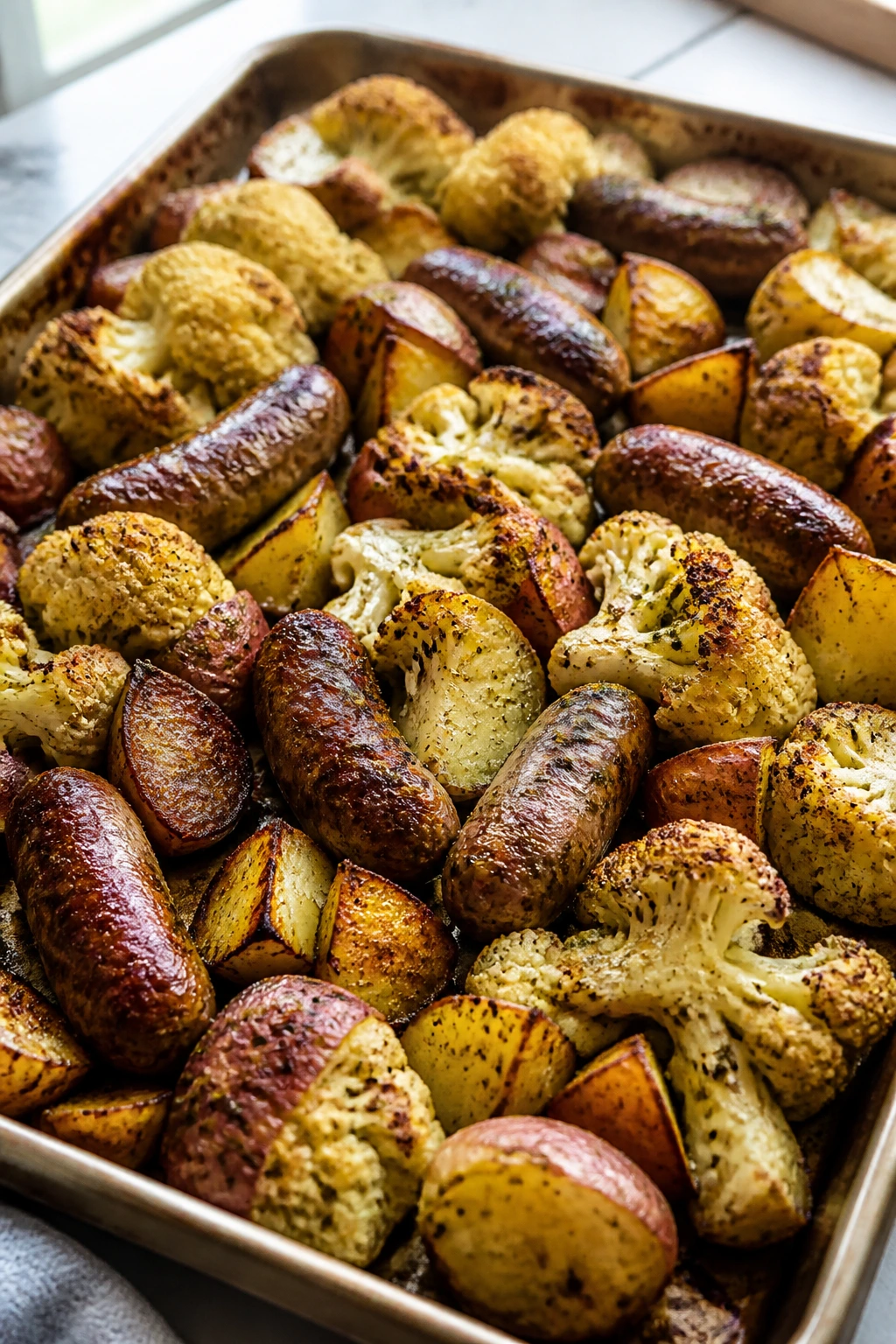 Sheet-pan sausage with cauliflower and potatoes, crispy and browned