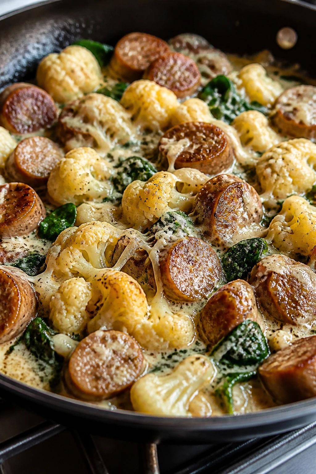 Creamy garlic sausage with cauliflower in a glossy Parmesan sauce