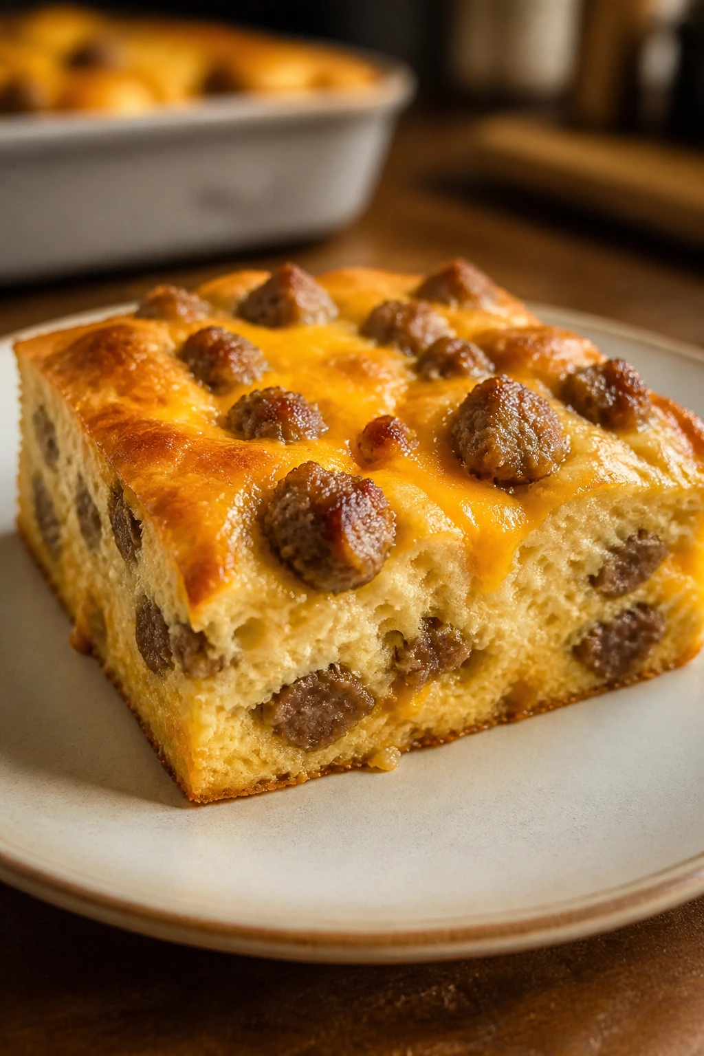 Close-up of a golden pancake bake square with sausage and cheddar