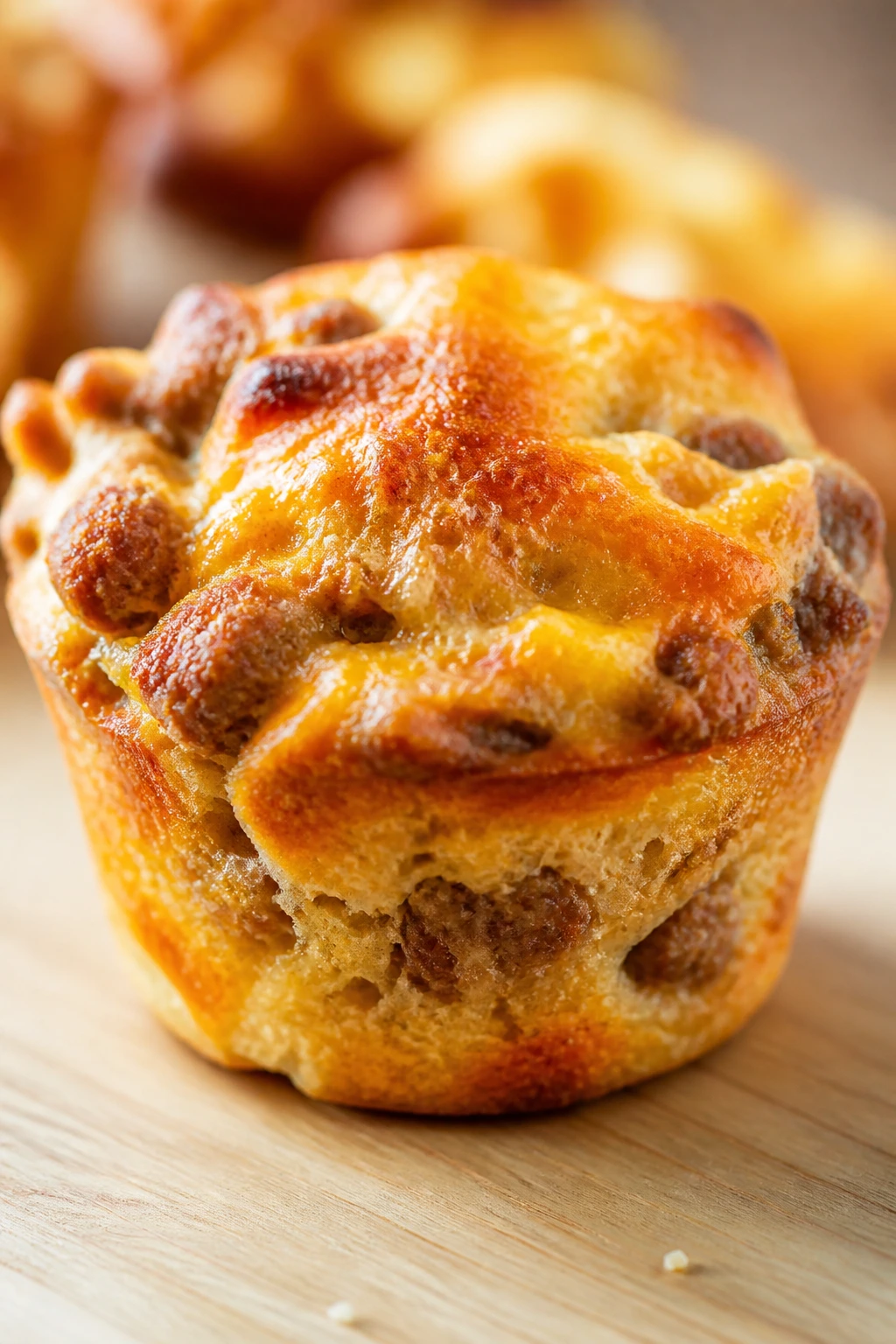 Close-up of a sausage and cheese breakfast muffin on a wooden counter in a cozy kitchen