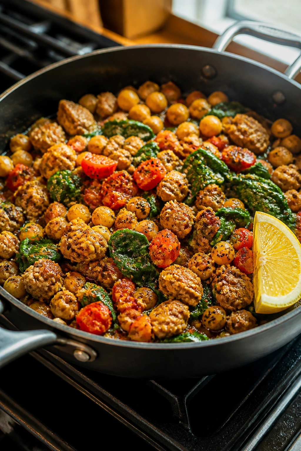 Close-up of sausage chickpea skillet on stovetop