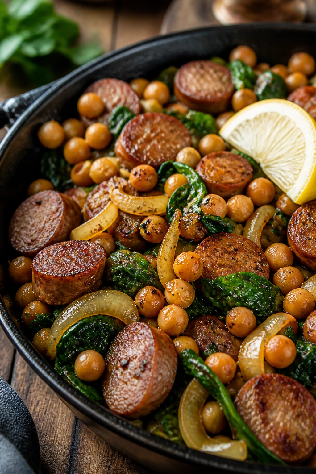 Sausage chickpea skillet with spinach and lemon in cast-iron pan