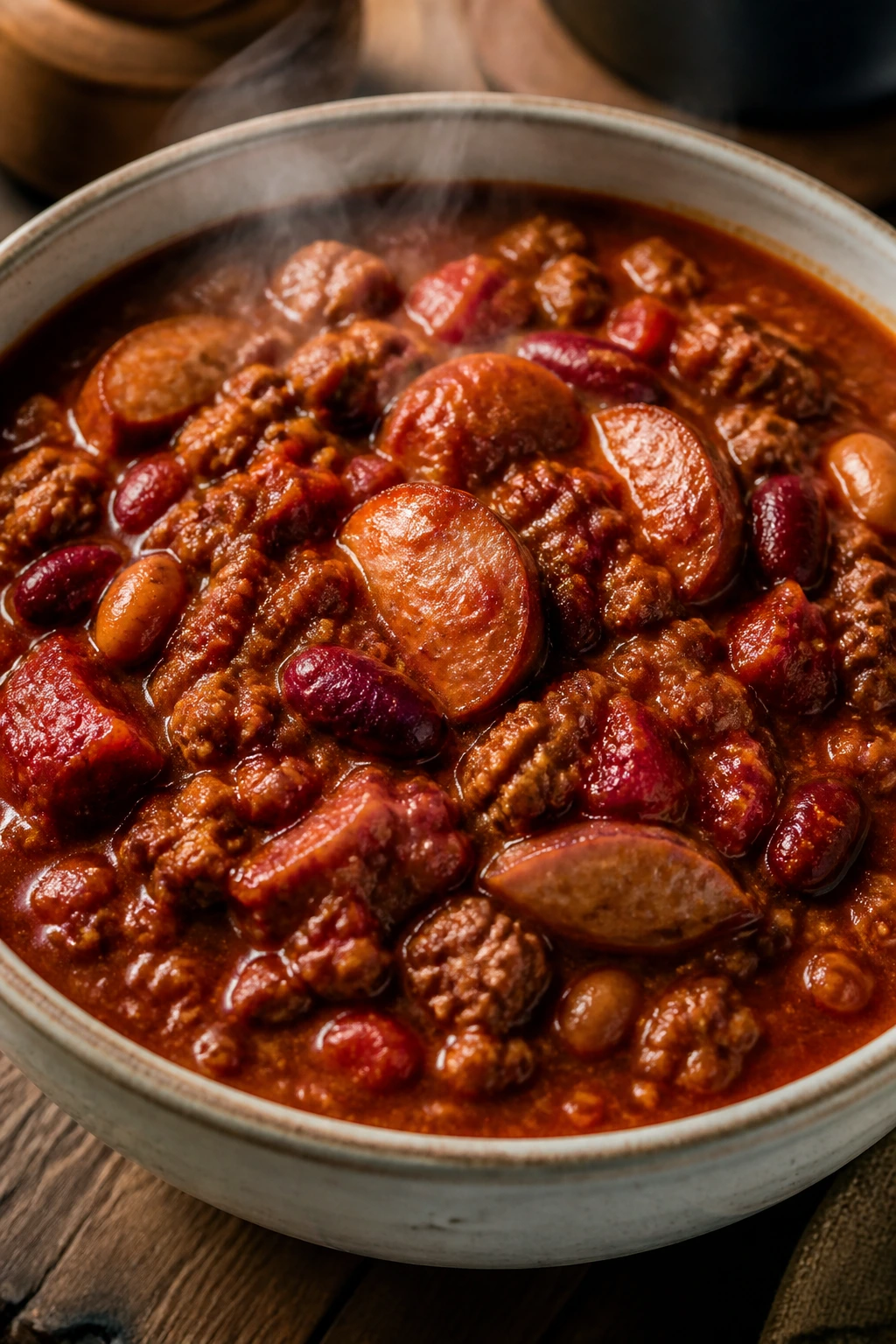 Bowl of sausage chili with beans and tomatoes in a rustic kitchen