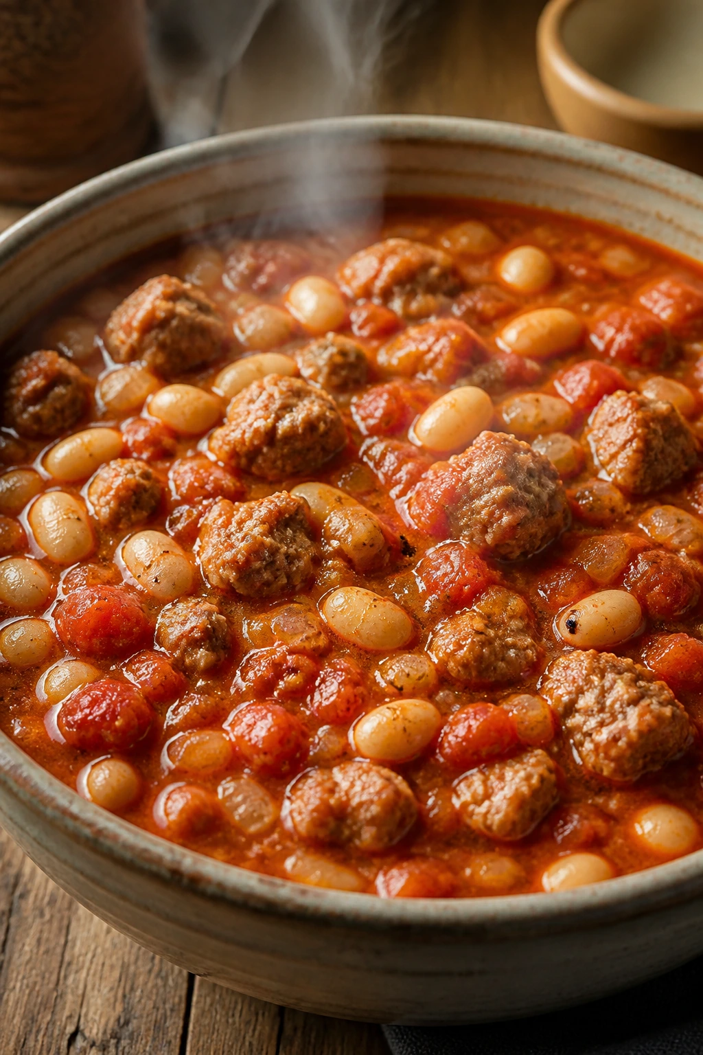 Close-up of a steaming bowl of sausage and bean chili with sausage and beans in a tomato base