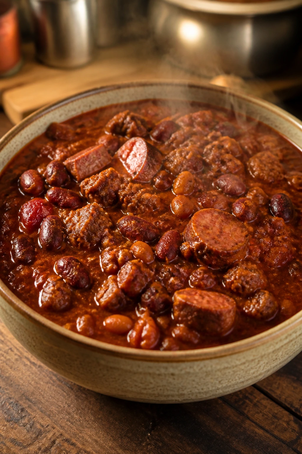Bowl of sausage chili with beans on a wooden table