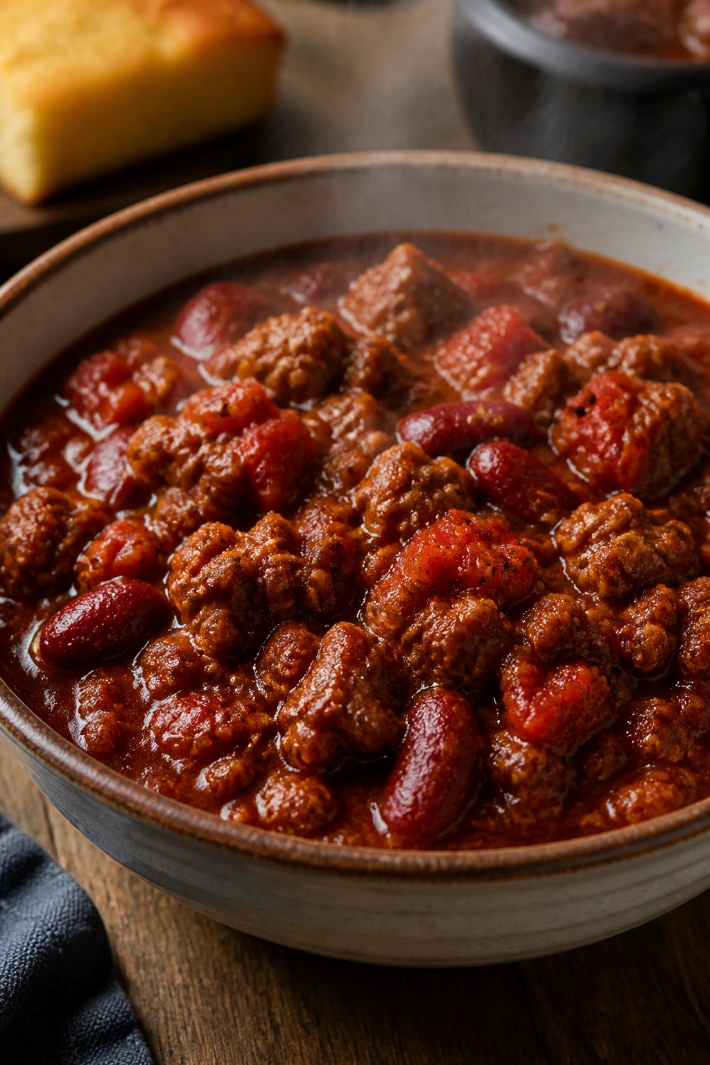 Close-up of sausage chili in a rustic bowl