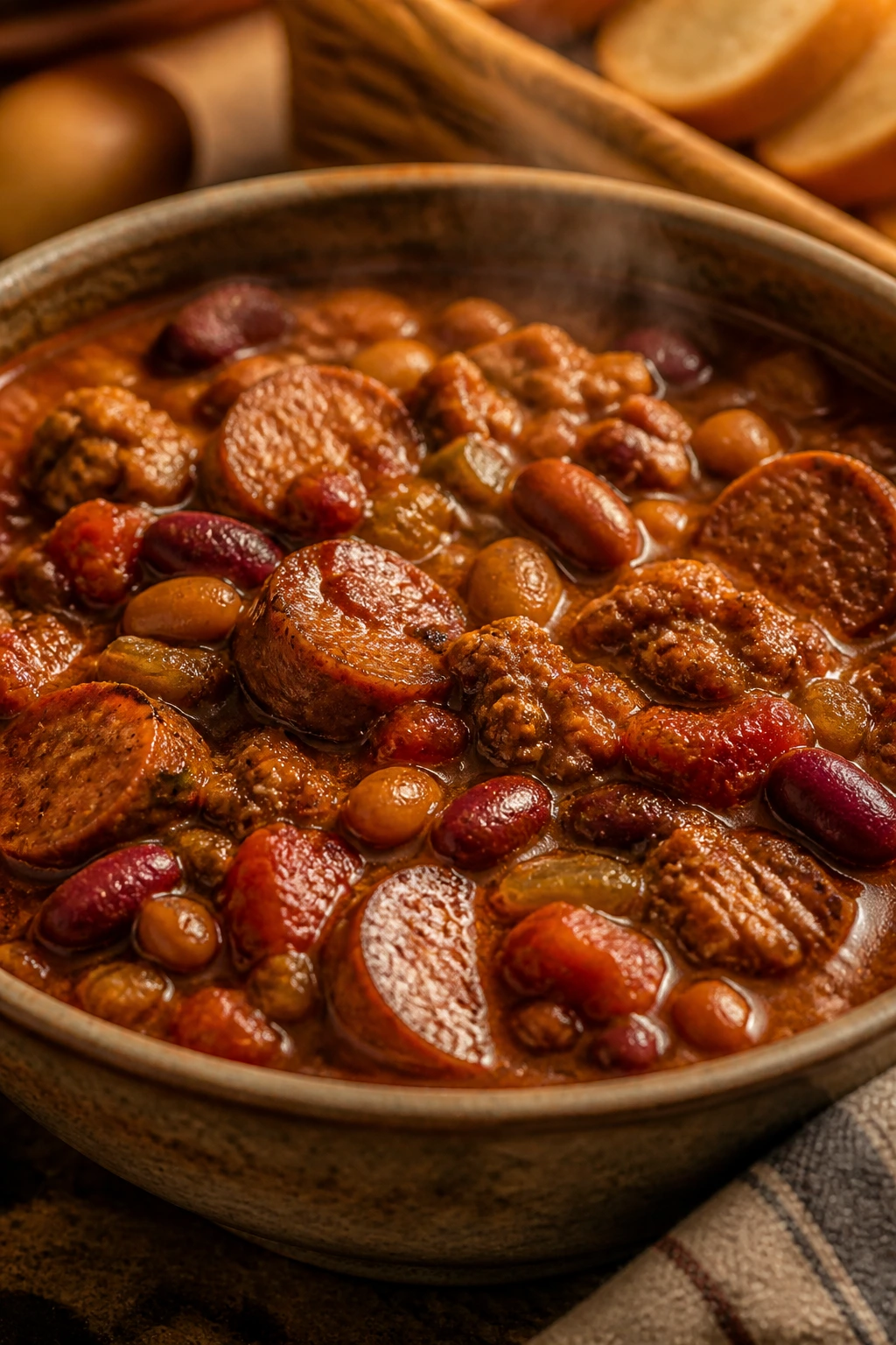 Close-up of sausage chili with beans in a rustic bowl