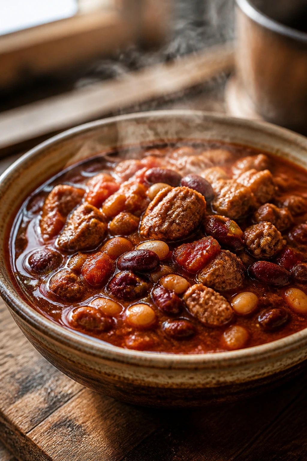 Close-up of hearty sausage chili in a rustic bowl with beans and tomatoes
