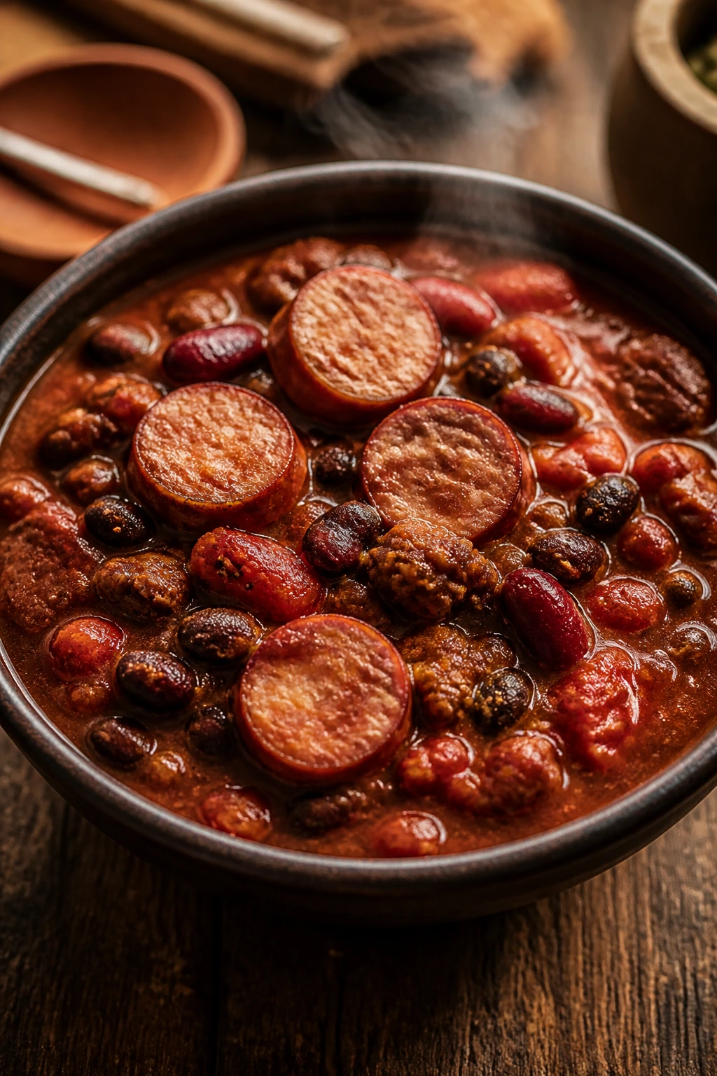 Steaming bowl of smoky sausage chili with beans