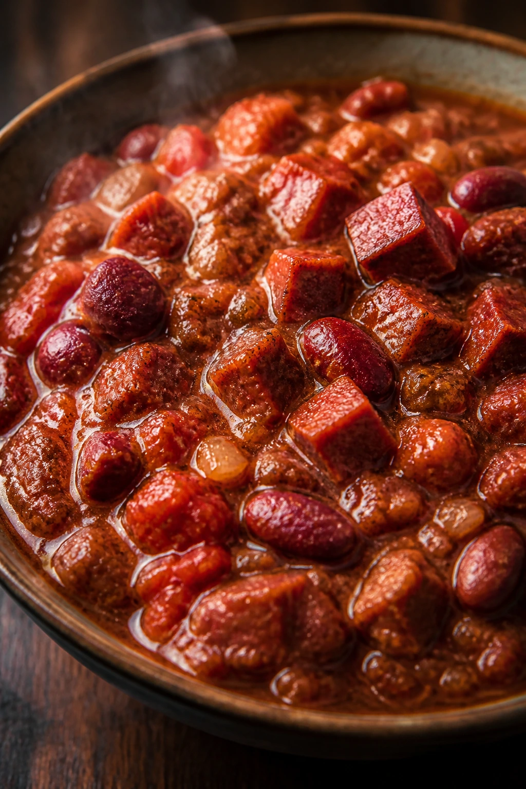 Close-up bowl of sausage chili with beans and tomatoes